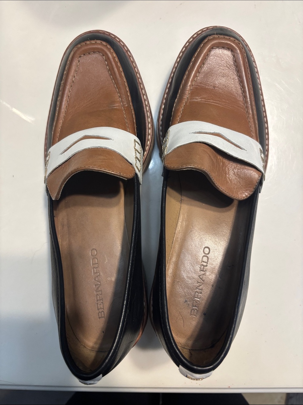 Bernardo Chandler Tri-Tone Leather Penny Loafers — Brown, Black & White